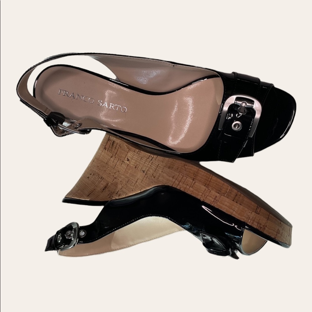 Franco Sarto heels, size 9.5, black patent with 4in. cork wedge.